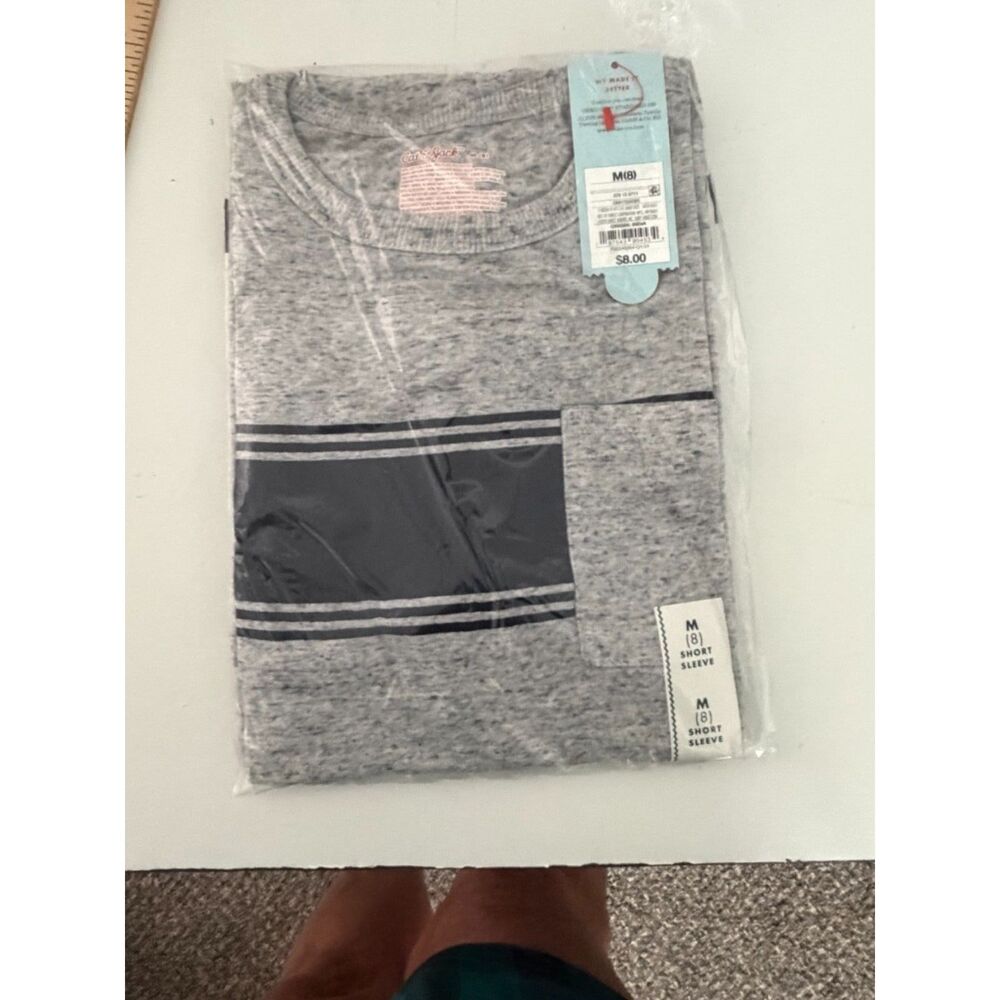 NEW Cat & Jack Short-Sleeve Pocket T-Shirt Gray with navy striped panels, size M